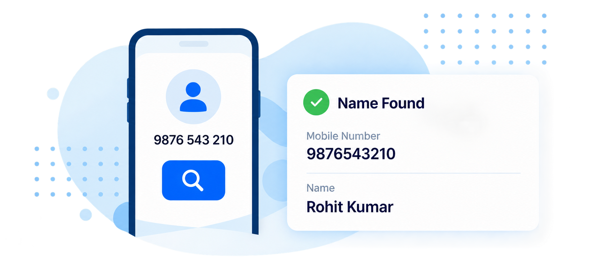 Mobile to Name reverse lookup illustration — mobile number search resolving to a registered owner name